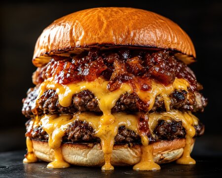 Double cheeseburger with caramelized onions and melting cheese on a dark background
