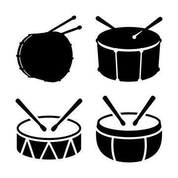 Black and white drum set icons with sticks - Four stylish black and white drum icons featuring a bass drum, snare, and two toms, each with drumsticks ready for playing.