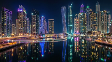 Fototapeta premium Stunning Dubai Marina Skyline at Night with Illuminated Skyscrapers Reflecting in Calm Water Modern Urban Architecture and Futuristic Cityscape