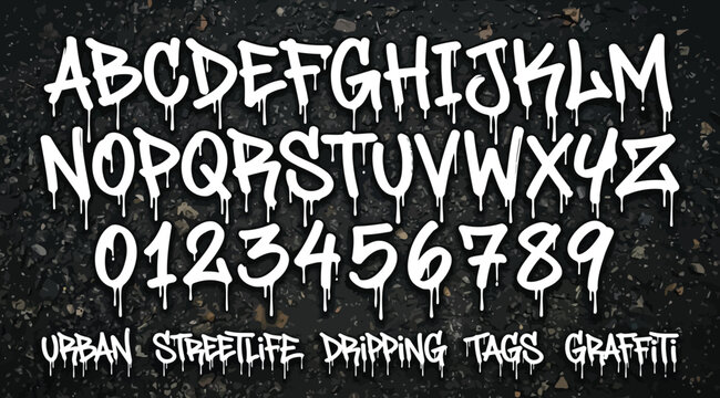 Dripping marker handstyle graffiti font with numbers and words