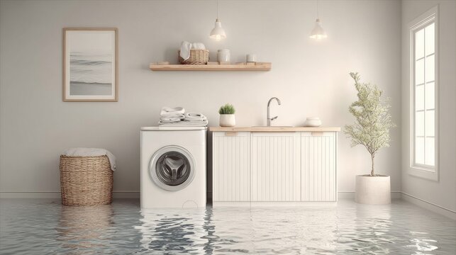 Modern laundry room flooded with water, washing machine and sink submerged