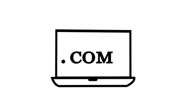 Minimalist Laptop with Dot Com Text on Screen on White Background. Online Website Domain Registration, Internet Business Address, E-Commerce Platform, and Global Web Development Graphic