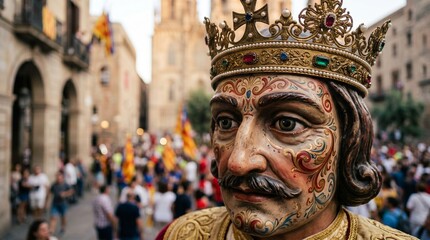 Obraz premium Fiesta de la Mercè, close-up of a Gegant (giant) papier-mâché figure's face with intricate hand-painted details and golden crown