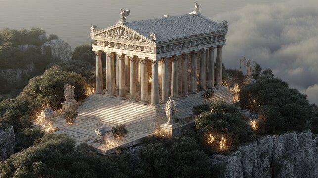 Space universe exploration, fantasy. A grand, neoclassical temple, situated atop a rocky outcrop, bathed in soft, golden light. The temple is adorned with intricate carvings and statues.