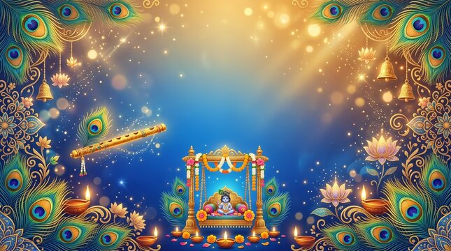 Krishna Janmashtami background wallpaper, blue and golden gradient blend, elegant peacock feather border