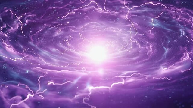Vast cosmic nebula showing a powerful galactic swirl of radiant purple and blue gas infused with bright electric lightning and distant stars