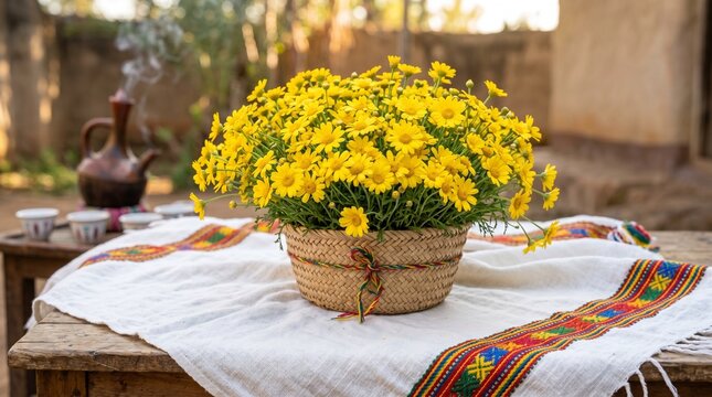 Meskel, A lush arrangement of bright yellow Adey Abeba daisies placed on a white hand-woven Ethiopian cloth with colorful borders