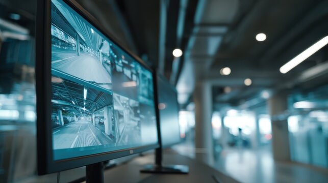 A monitor shows live footage from different angles of an underground parking area. The setting includes a modern control room with a tech aesthetic and dark background