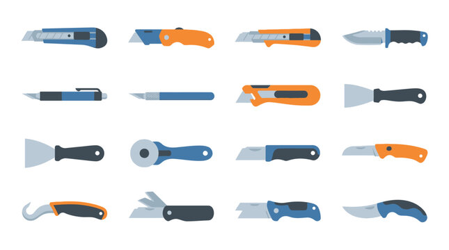 Collection of utility knives and cutting tools on a white background