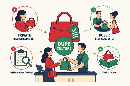 Dupe culture shopping concept with people comparing and buying affordable lookalike products