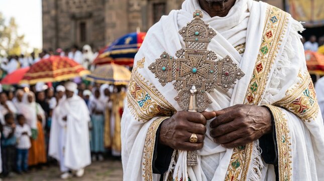 Meskel, Hands of an Ethiopian Orthodox priest draped in white traditional embroidered textile holding a polished ornate metallic processional cross