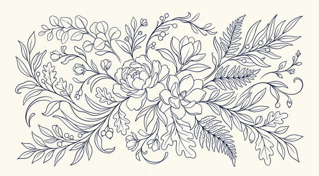 Hand drawn floral arrangement with peonies and eucalyptus leaves, botanical line art illustration