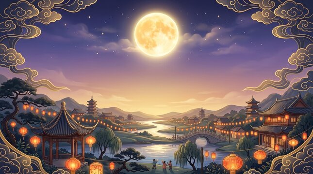Mid-Autumn Festival backdrop, twilight gradient with bright golden moon glow, refined cloud motifs framing edges