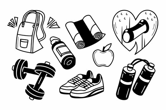 A black and white vector graphic illustration of fitness icons including a backpack, yoga mat, dumbbell, sneakers, water bottles, and an apple on a white background with a heart