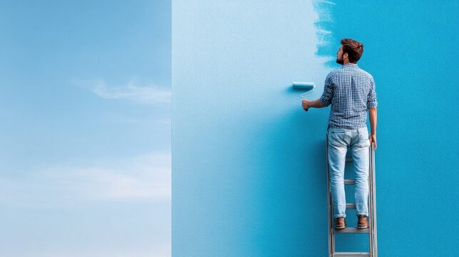 Man on ladder painting a blue wall with a roller, sky background