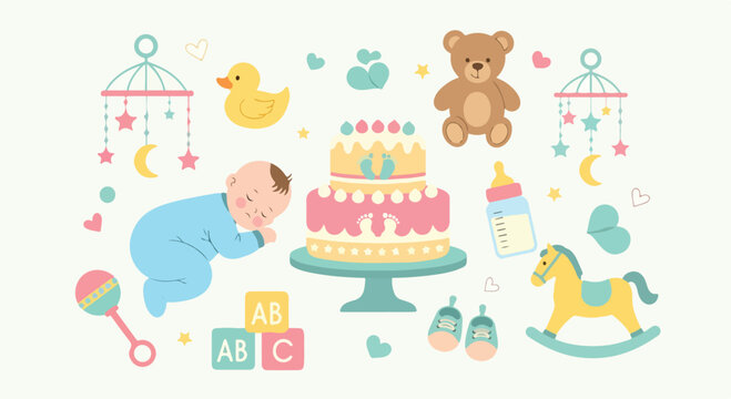 A baby sleeps peacefully surrounded by baby items