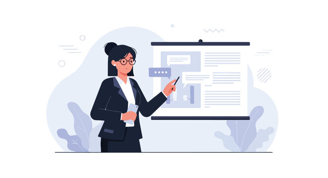 A professional woman in a dark suit and glasses is giving a detailed presentation, pointing at a whiteboard with charts and data blocks.