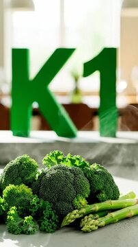 Fresh broccoli and asparagus on a kitchen counter with a green K1 sign Vitamin K1