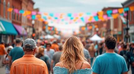 Obraz premium People enjoying a vibrant street festival with colorful decorations overhead