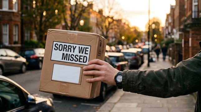 Delivery courier hand holding cardboard parcel box with sorry we missed you note and blank label on suburban street representing failed package delivery attempt missed delivery and shipping 