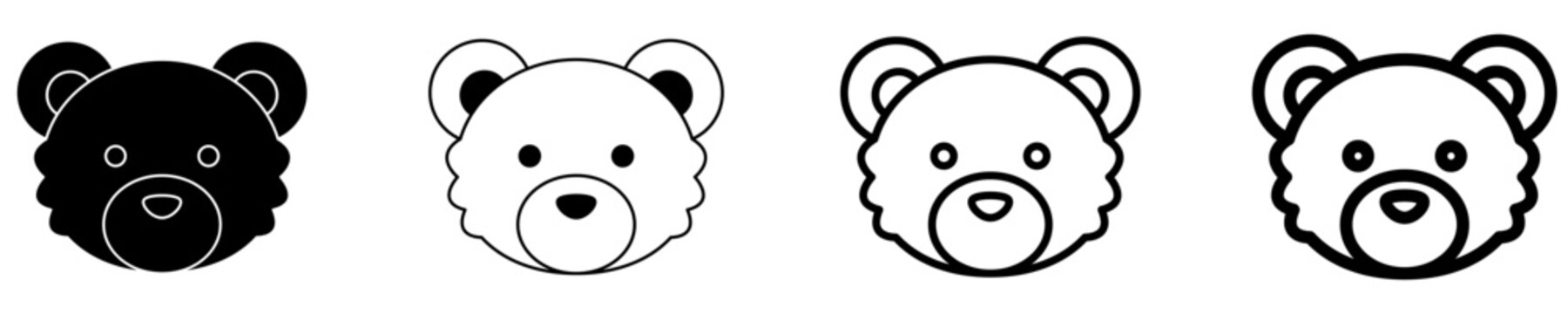 Set of teddy bear face icons, symbols for childhood, toys, tenderness, gifts, and care. Vector illustration