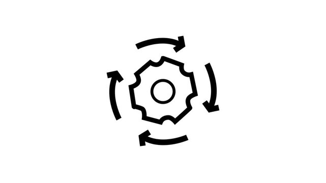 Cyan Neon Gear with Rotating Arrows on Black Background. Technological Process Automation Icon, Industrial Factory Engineering, Circular Recycling System, and Corporate Operations
