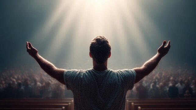 Man with arms raised in worship, bathed in divine light, facing a congregation