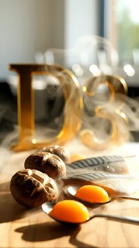 Eggs and mushrooms on a wooden cutting board indoors with kitchen items Vitamin D3