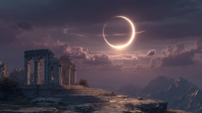 Eclipse, fantasy, mysterious, supernatural. A vivid digital artwork depicts a grand, ancient temple complex situated atop a rocky outcrop.