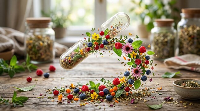 Open vitamin capsule floating with exploding fresh berries, flowers, and herbs.