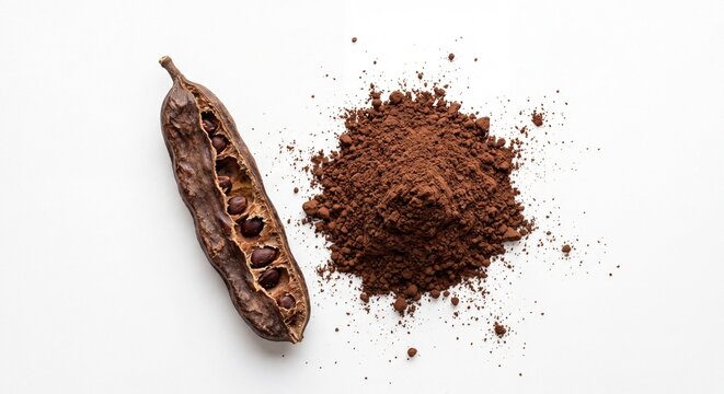 An open carob pod resting beside a small mound of dark brown carob powder on a clean white surface.