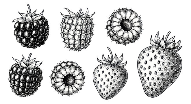 Vintage engraved sketches of strawberries raspberries and blackberries