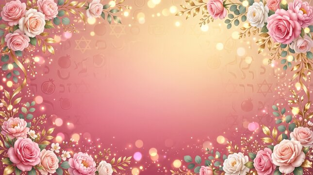Tu B'Av festival banner background, romantic rose pink and gold gradient, elegant floral decorations around edges,