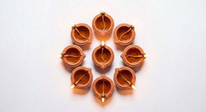 Top view of nine traditional clay diyas arranged in a symmetrical circle glowing on white.