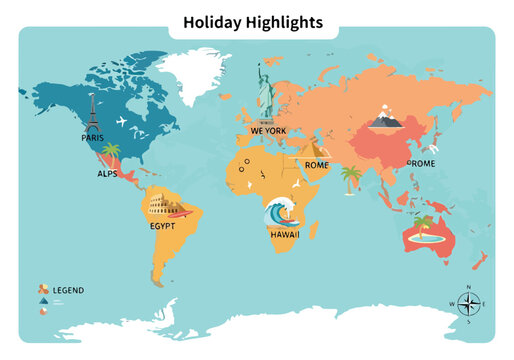 Colorful world map highlighting popular holiday destinations