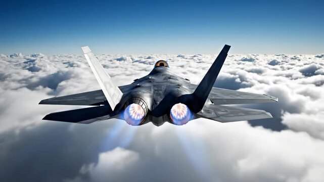 Military Fighter Jet Flying Above White Clouds Igniting Bright Blue Afterburners