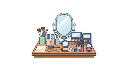 Fototapeta premium Flat design illustration of a vanity table with makeup products and cosmetics