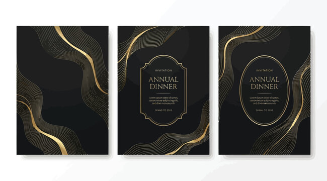 Set of elegant invitation card templates with abstract golden wavy lines