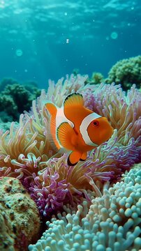 Colorful clownfish swimming among vibrant coral reefs underwater.