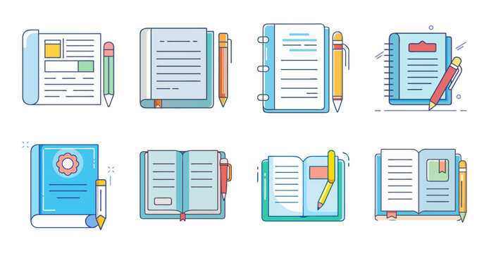 Flat design colorful book and notebook icons set - Bright and cheerful set of flat icons showing books, notebooks, and folders in various colors for educational or organizational use
