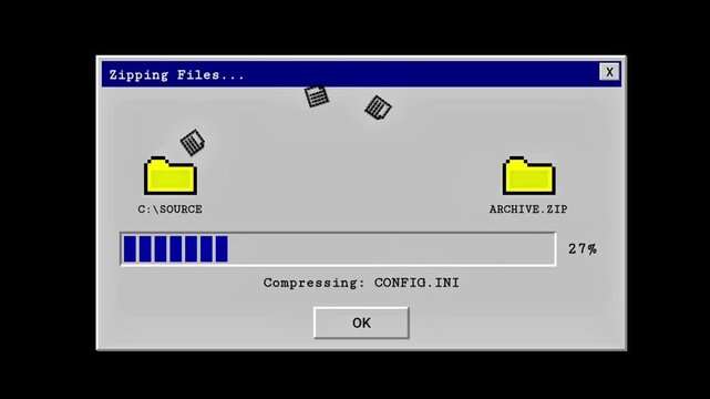 Vintage computer screen shows files zipping and compressing data on an old operating system interface.