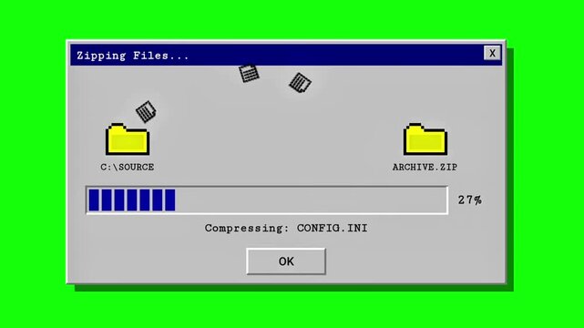 Retro Computer File Compression Progress Bar - Vintage Zipping Process Animation
