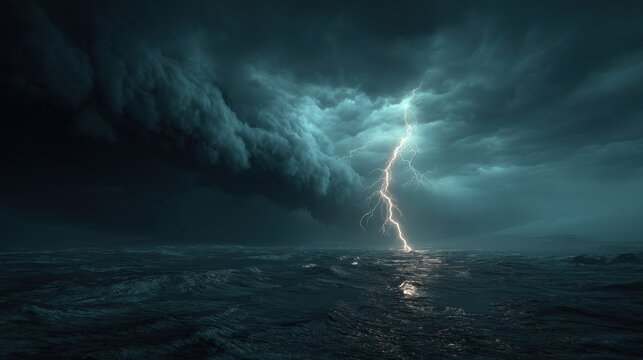 Fantasy wallpaper. A dramatic depiction of a stormy sky over a vast expanse of water. The sky is filled with dark, stormy clouds, and a striking lightning bolt strikes directly above the water.