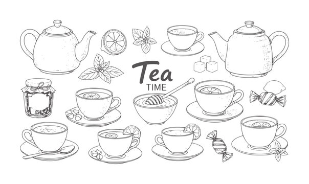 Hand drawn tea time with teapots cups lemon mint honey and candy saucer