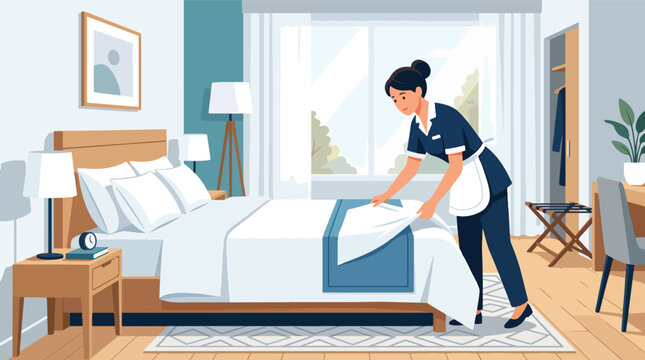 Woman making bed in hotel room.