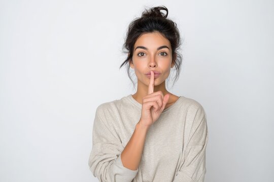 Brazilian woman silent gesture in a clean white studio portrait
