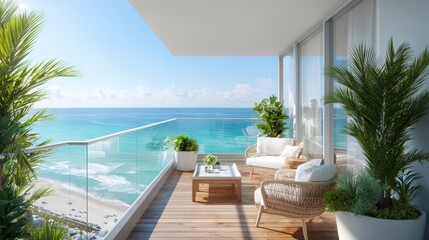 Obraz premium Bright Morning Balcony Overlooking Turquoise Ocean from a Coastal Condo