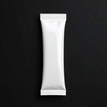 Elegant white foil stick sachet mockup on black background, minimal composition, premium cosmetic or supplement packaging concept, isolated product presentation. Close-up.
