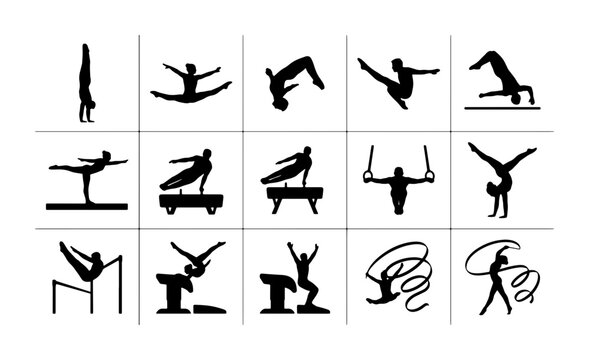Gymnastics Silhouettes: Dynamic Poses of Athletes Performing on Apparatus, Rhythmic Gymnastics, and Tumbling, Vector Icons for Sports and Fitness Concepts