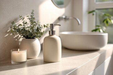 Fototapeta premium Calm bathroom vanity arrangement with a soap dispenser, small plant, and candle beside a vessel sink